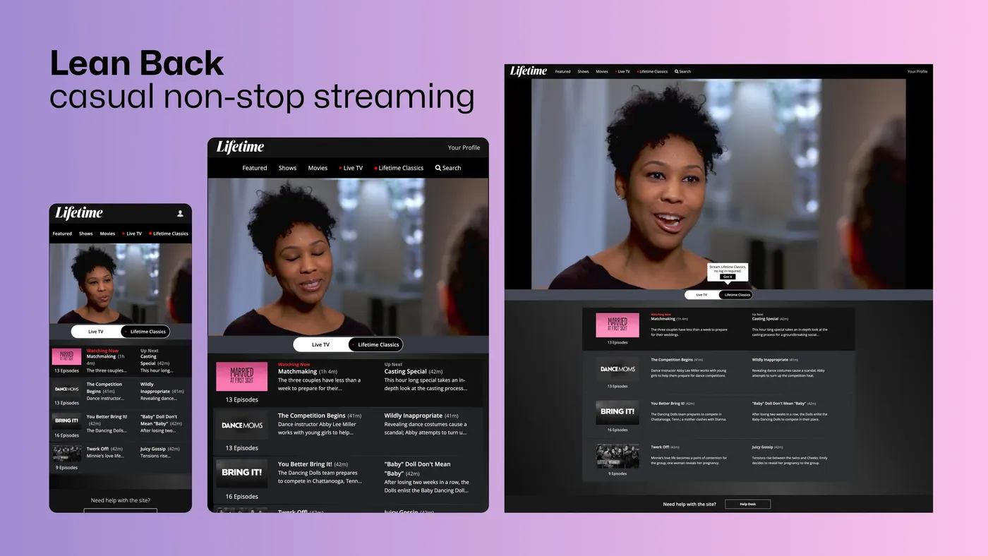 A+E web ‘Lean Back’ continuous-play streaming interface on mobile